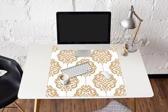 Muismat XXL 80x80 cm - Bureau onderlegger - Bureau mat Vintage - Bloemen - Goud - Design - Bureaumat - Gaming mousepad xl - Bureaulegger groot - Computer deskmat