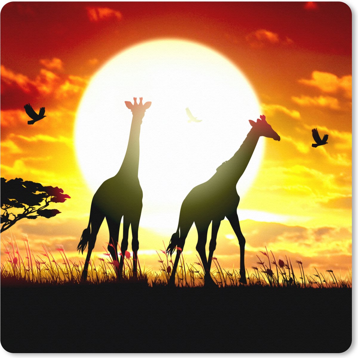 Muismat XXL 80x80 cm - Bureau onderlegger - Bureau mat Een illustratie van Afrikaanse giraffen tegen de zon - Bureaumat - Gaming mousepad xl - Bureaulegger groot - Computer deskmat