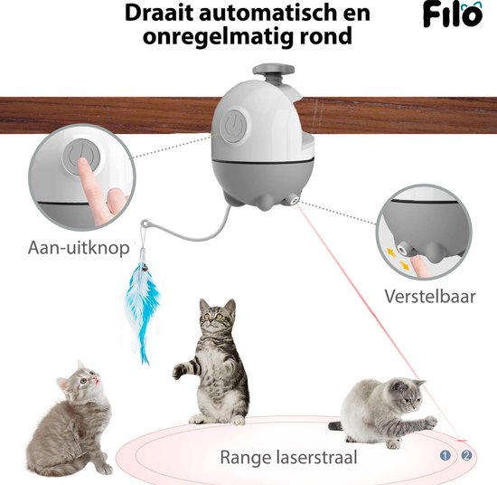 De Filo kattenrobot draait automatisch. Met aan-uitknop, instelbaar en met laserstraal.