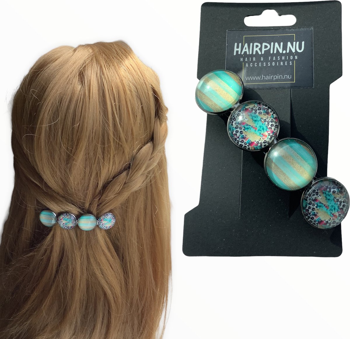 Hairpin Haarspeld Haarclip cabochon hairclip ibizaprint groen aqua haarmode
