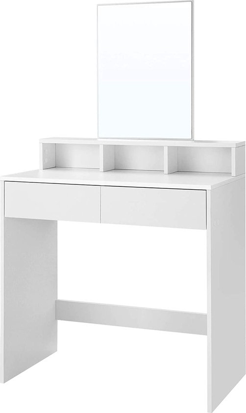 Hoppa! Kaptafel met rechthoekige spiegel en 2 lades, make up tafel met 3 open vakken, kaptafel, 80 x 40 x 140 cm, wit