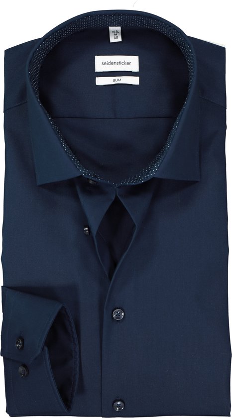 Seidensticker slim fit overhemd - donkerblauw (gestipt contrast) - Strijkvrij - Boordmaat: 43
