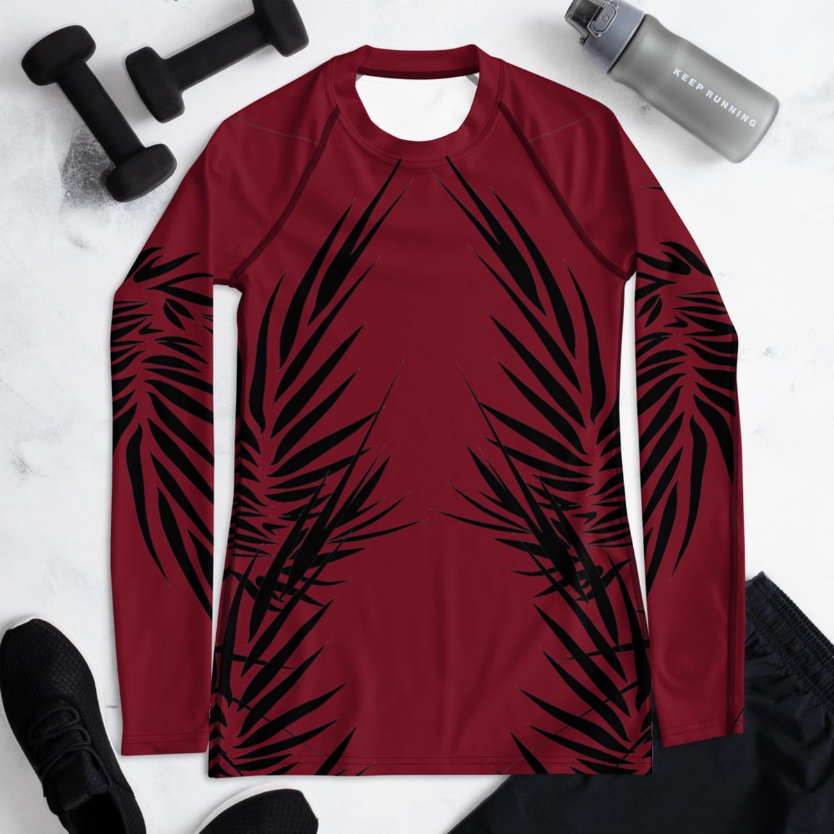 Rashguard – design Power Up - Dry Fit - High Performance - 4way stretch - unieke print - UPF 50+ - Hardloop - Yoga - Fitness - Dans  - Pilates - Training – Shirt Long Sleeve – dames - warmrood zwart - maat XL