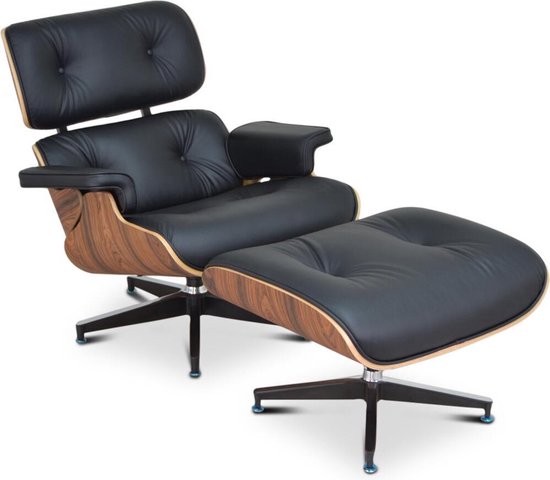 Lounge Chair + Hocker - XL - Zwart - Leer - Fauteuil - Palissander - Stoel - Set