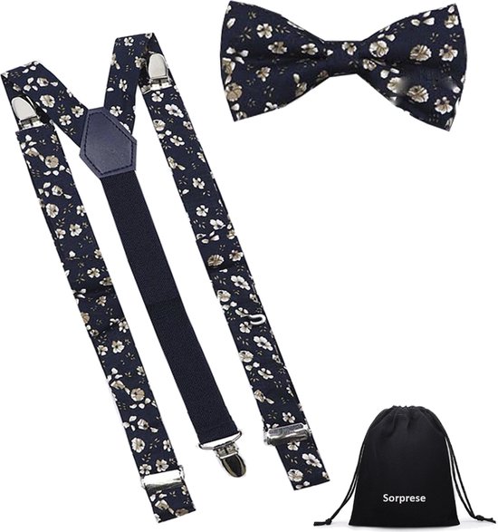 Luxe bretels inclusief vlinderdas - Gebloemd - Donkerblauw - met stevige clip - bretels - vlinderdas - strik – strikje - luxe - heren - unisex - giftset