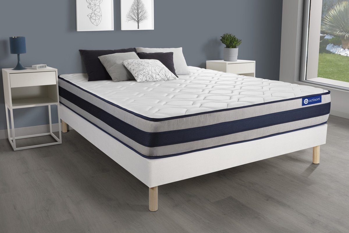Complete boxspring met matras tweepersoons- Actisom Actiflex ergo wit - Pocketveren en traagschuim - 120 x 210 cm