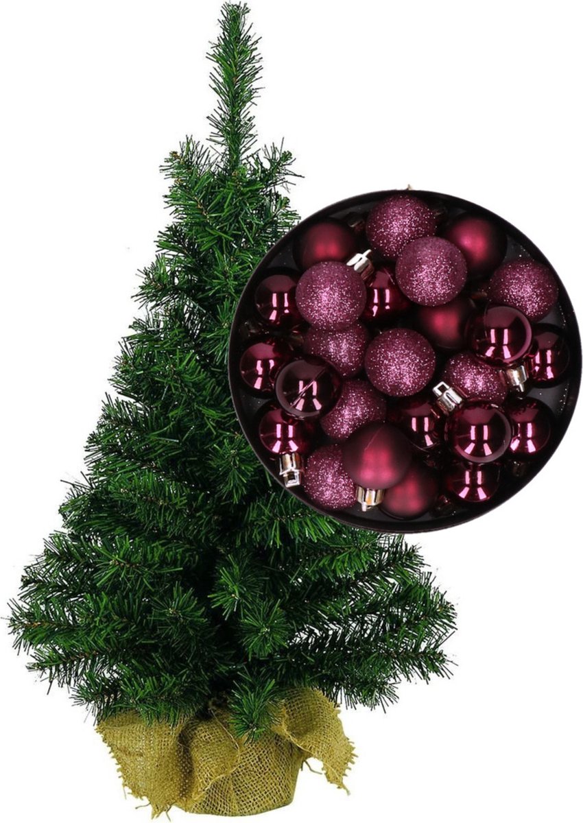 Mini kerstboom/kunst kerstboom H45 cm inclusief kerstballen aubergine paars - Kerstversiering