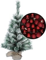 Besneeuwde mini kerstboom/kunst kerstboom 35 cm met kerstballen donkerrood - Kerstversiering