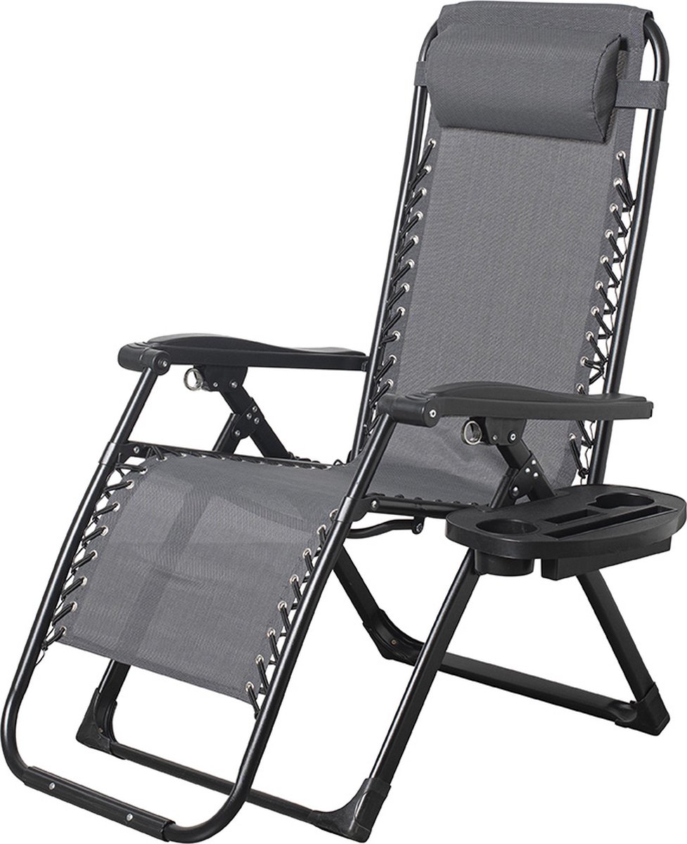Brulo - ligstoel tuin - ligstoelen - strandstoel opvouwbaar - tuinstoel - incl tafel en hoofdkussen – grijs