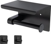 Toiletrolhouder met Telefoonhouder - Zelfklevend of boren - WC Rolhouder - Incl. Handdoekhaakjes - Zwart