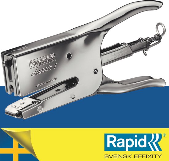 Zilverkleurige niettang, merktekens "Rapid classic 1", "MADE IN SWEDEN", logo met Zweedse vlag.