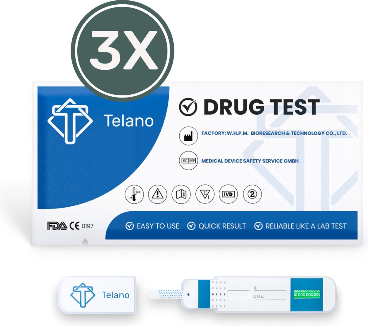 Goedkoopste Telano 3 stuks Drugstest Cocaïne Dipcard - Drugtesten Urine COC