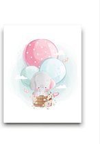 Schilderij  Olifant in een Luchtballon Cute - Kinderkamer - Dieren Schilderij - Babykamer / Kinder Schilderij - Babyshower Cadeau - Muurdecoratie - 50x40cm - FramedCity