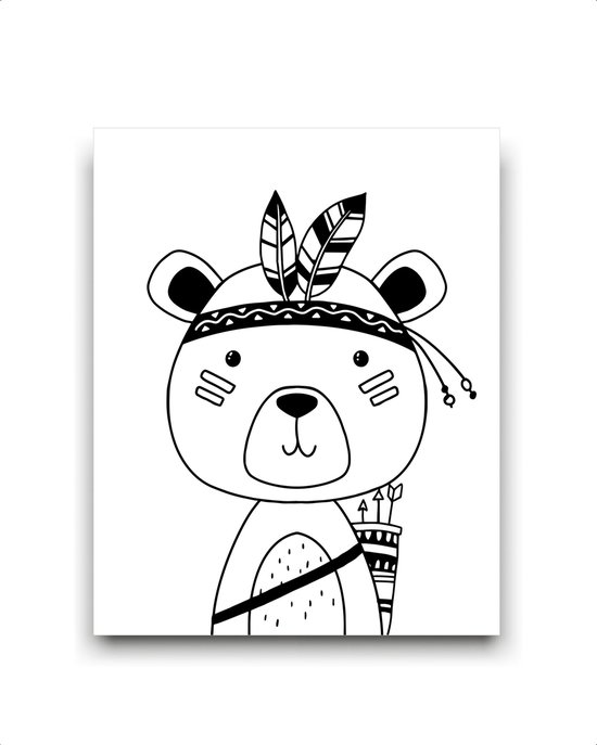Schilderij Indianen beer zwart / wit / Bos / 40x30cm