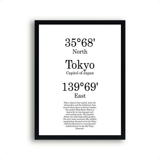 Steden Poster Tokyo met Graden Positie en Tekst - Muurdecoratie - Minimalistisch - 50x40cm - PosterCity