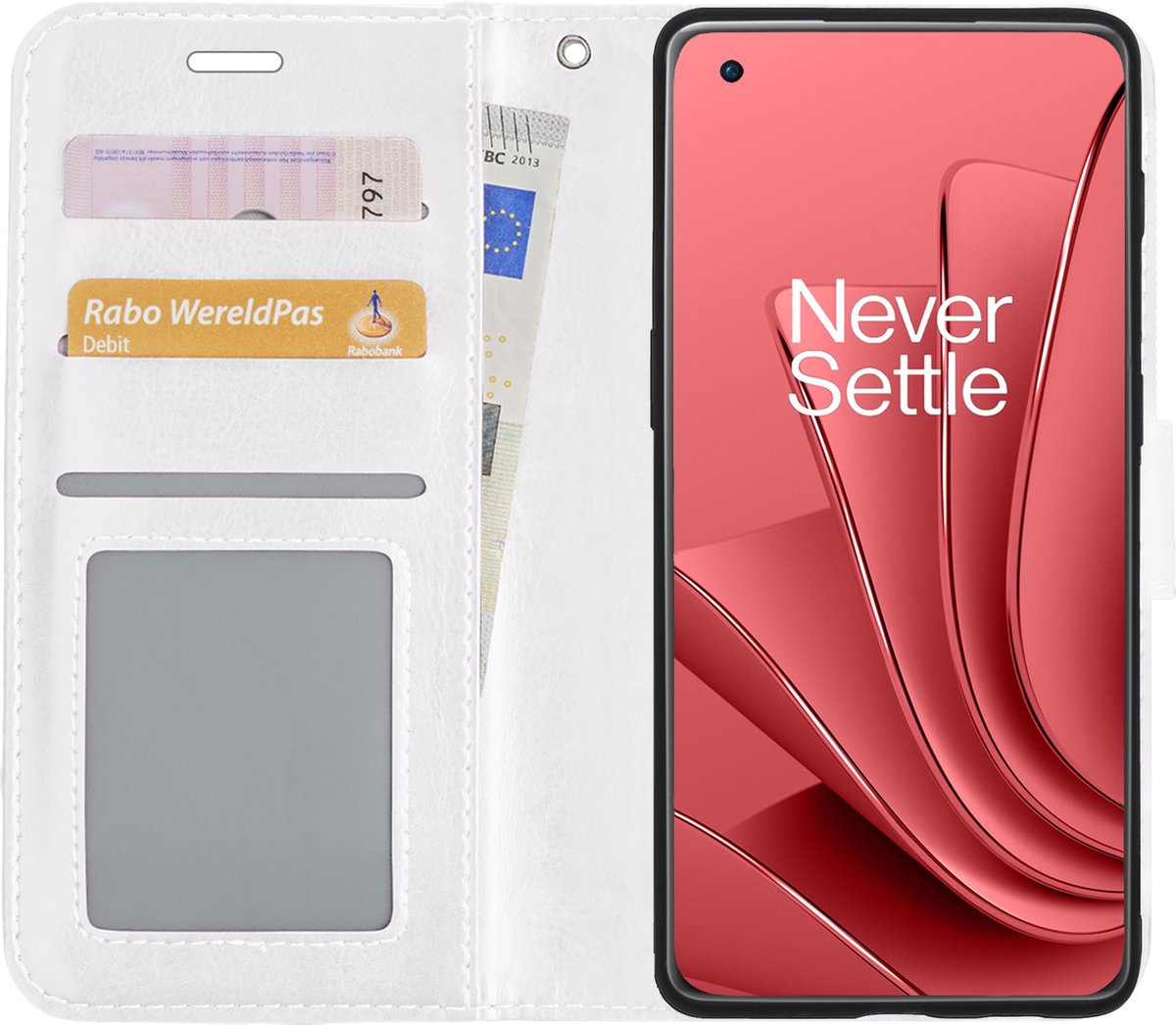Hoesje - Met Pasjeshouder - Geschikt voor OnePlus 10 Pro - Luxe Bookcase Portemonee - Flip Case - Kunstleer Book Case - Flipcase - Book Cover - Walletcase - Portemonneehoes - Wit
