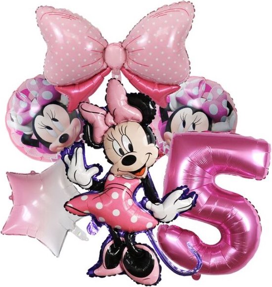 6 stuks folieballonnen - Minnie Mouse - thema ballonnen - Roze - getal 5 - verjaardag - 5 jaar - kinderverjaardag -