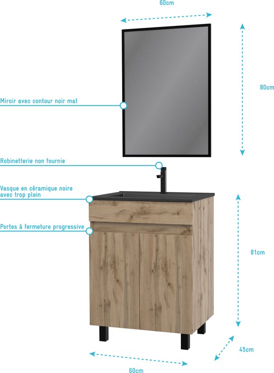 Meuble de salle de bains - 60 cm - 3 tiroirs - avec pieds - Timber AURLANE