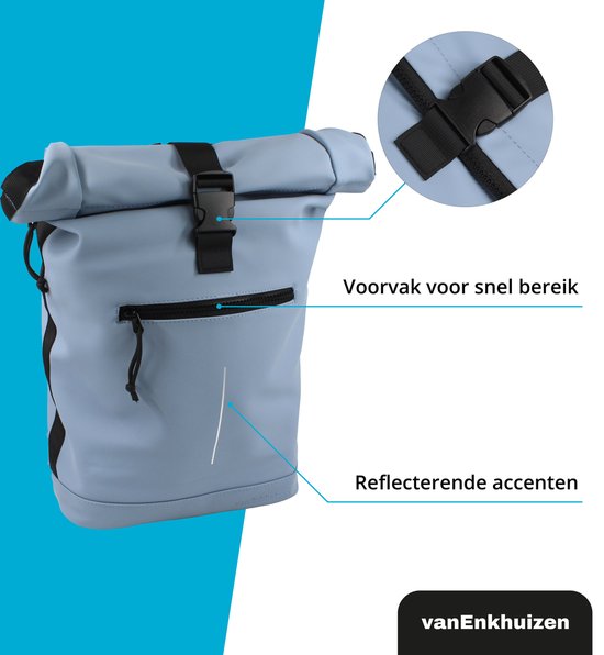 vanEnkhuizen Rolltop Sac à dos avec compartiment pour ordinateur portable 15,6 pouces - 20 litres - Résistant à l'eau et matériau Thermo - Bleu clair