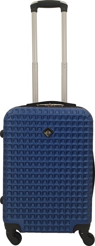 Blauwe handbagage koffer met ruitpatroon, logo, handvat en wieltjes.