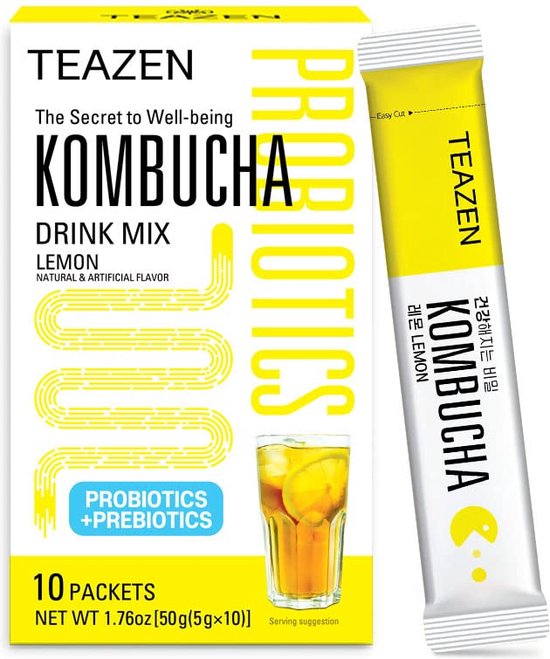 TEAZEN Kombucha Lemon Flavor-Sparkling Fermented Drink from Korea, Powdered Drink Mix, Prebiotics Tea, Gut Health and Immunity Support