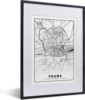 Fotolijst incl. Poster Zwart Wit- Stadskaart - Tours - Plattegrond - Kaart - Frankrijk - Zwart wit - 30x40 cm - Posterlijst