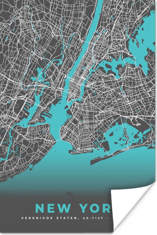 Poster New York - Stadskaart - Blauw - Plattegrond - Kaart - 80x120 cm