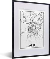 Fotolijst incl. Poster Zwart Wit- Alès - Kaart – Plattegrond – Frankrijk – Stadskaart - Zwart wit - 30x40 cm - Posterlijst