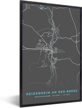 Fotolijst incl. Poster - Plattegrond – Heidenheim an der Brenz – Blauw – Stadskaart – Kaart - Duitsland - 40x60 cm - Posterlijst