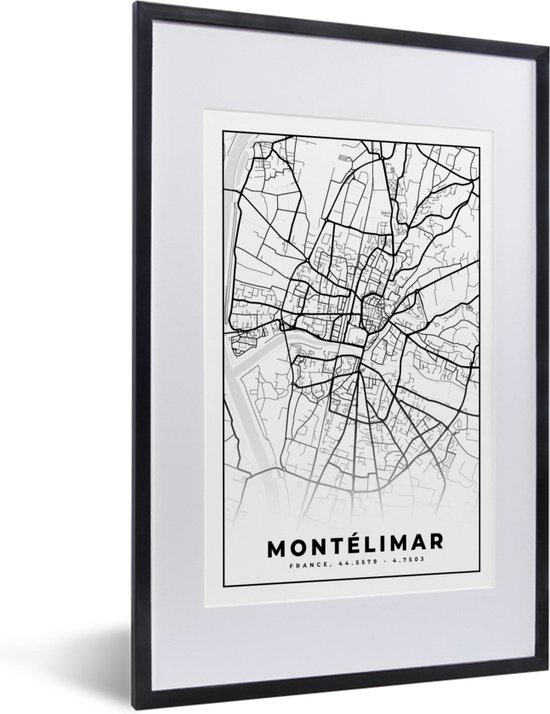Fotolijst incl. Poster Zwart Wit- Frankrijk – Plattegrond – Stadskaart – Montélimar - Kaart - Zwart wit - 40x60 cm - Posterlijst