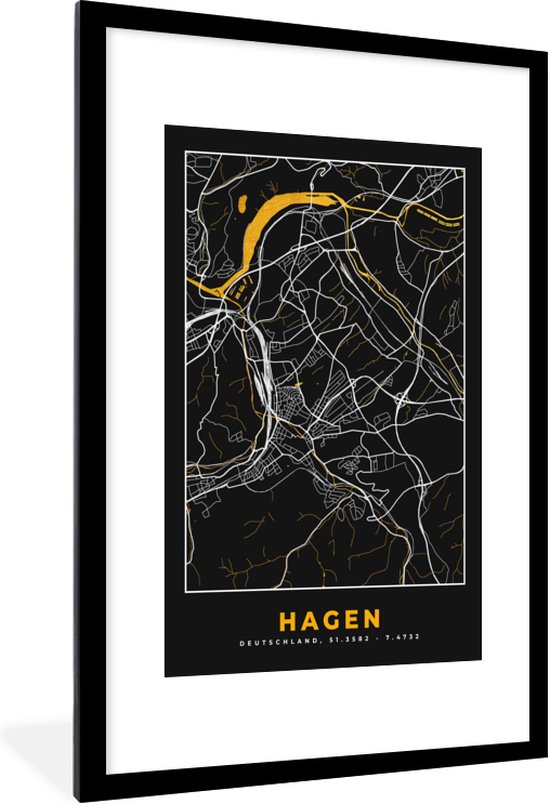Fotolijst incl. Poster - Hagen - Duitsland - Kaart - Plattegrond - Goud - Stadskaart - 80x120 cm - Posterlijst
