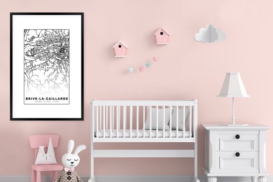 Fotolijst incl. Poster Zwart Wit- Kaart - Brive-la-Gaillarde - Plattegrond - Frankrijk - Stadskaart - Zwart wit - 80x120 cm - Posterlijst