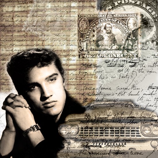 Poster / Papier - Filmsterren / Retro - Elvis Presley / Collage in wit / beige / taupe / creme /zwart - 40 x 40 cm