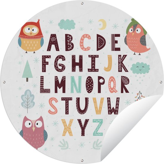 Tuincirkel Illustratie alfabet met uilen - 60x60 cm - Ronde Tuinposter - Buiten
