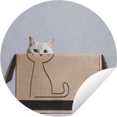 Tuincirkel Kat in kartonnen doos met daarop getekend lichaam van kat - 120x120 cm - Ronde Tuinposter - Buiten XXL / Groot formaat!