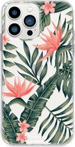 iPhone 13 Pro Max hoesje TPU Soft Case - Back Cover - Tropical Desire / Bladeren / Roze