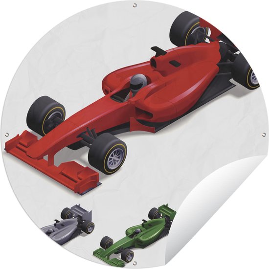 Tuincirkel Verschillend gekleurde racewagens uit de Formule 1 in een illustratie - 120x120 cm - Ronde Tuinposter - Buiten XXL / Groot formaat!