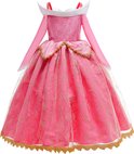 Roze prinsessenjurk met lange mouwen, gouden kant en witte kraag.