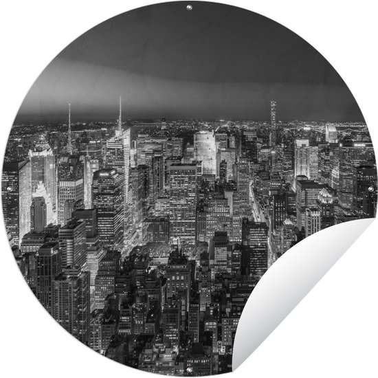 Tuincirkel Luchtfoto New York bij nacht - zwart wit - Ronde Tuinposter - Buiten
