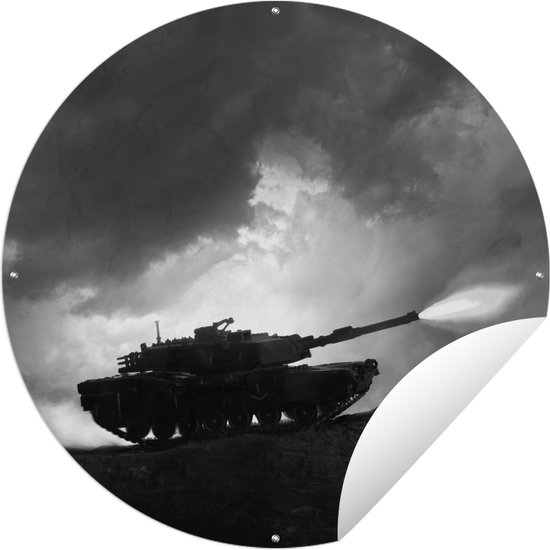 Tuincirkel Schietende tank - zwart wit - 90x90 cm - Ronde Tuinposter - Buiten