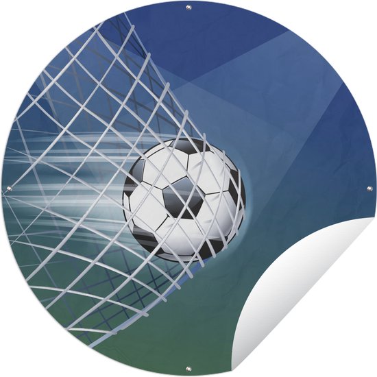 Tuincirkel Een illustratie van een voetbal in het net -Jongens - Meisjes - Kinderen - 120x120 cm - Ronde Tuinposter - Buiten XXL / Groot formaat!