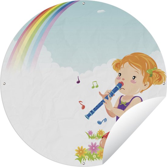 Tuincirkel Illustratie van een meisje met een blokfluit - 60x60 cm - Ronde Tuinposter - Buiten