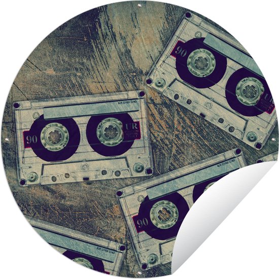 Tuincirkel Cassettebandjes - Hout - Vintage - 60x60 cm - Ronde Tuinposter - Buiten