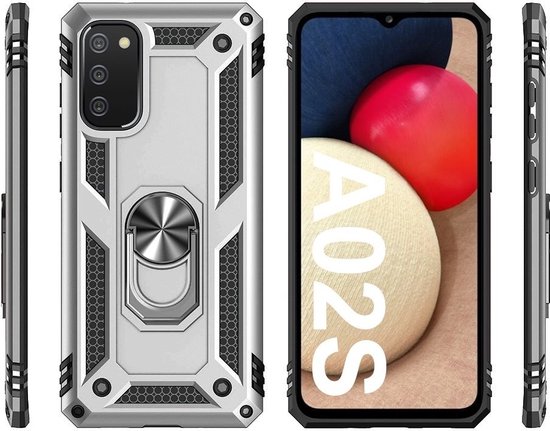 Coque de protection argentée avec anneau de maintien, vue de face et de dos pour Samsung Galaxy A02s.