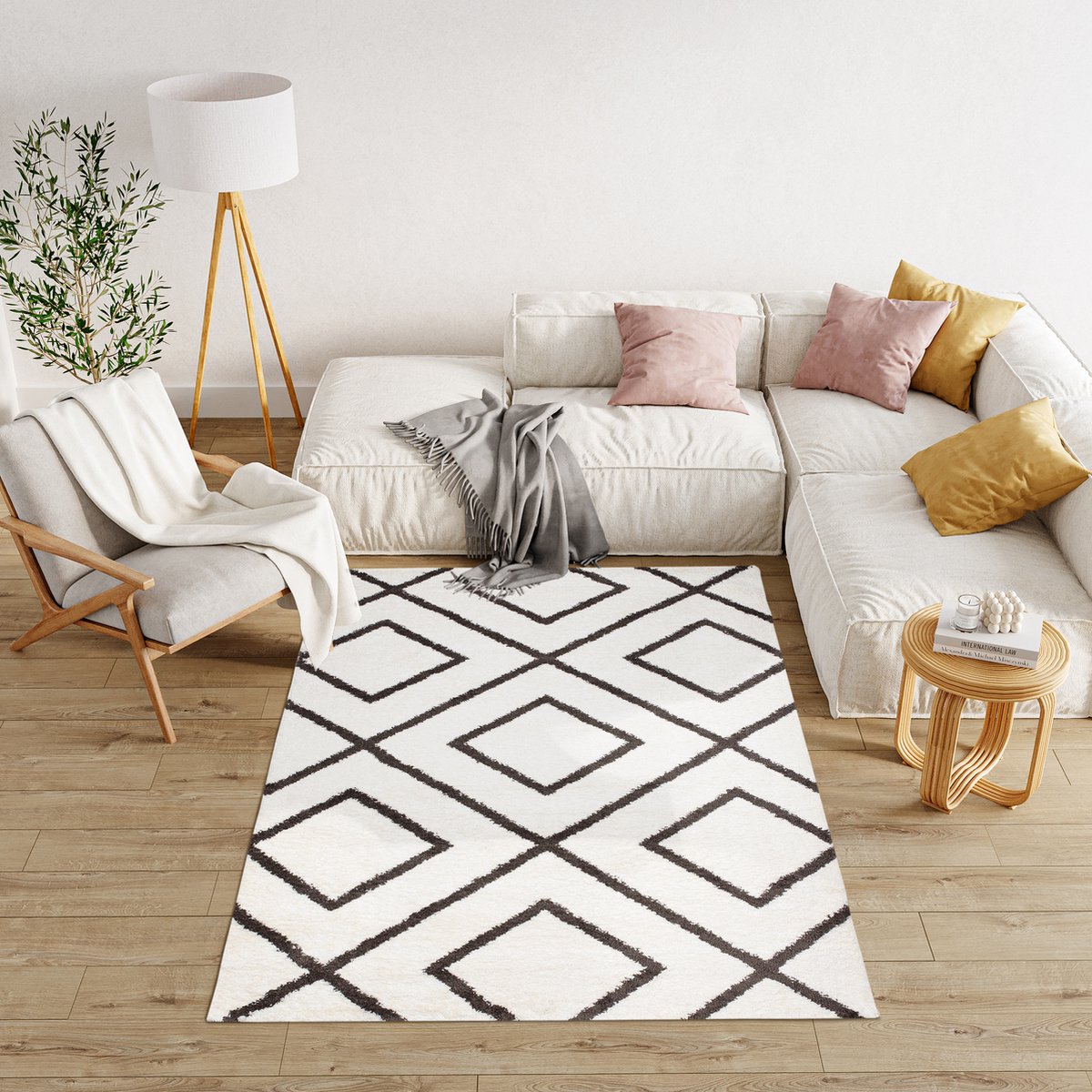 Tapiso Modena Hoogpolig Vloerkleed Shaggy Fluffy Modern Tapijt Maat- 80x150 Wit Antraciet