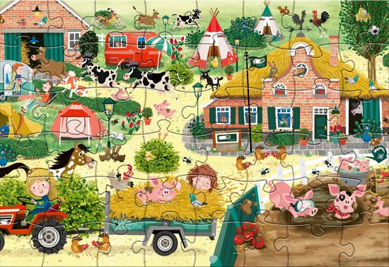 Boerderijpuzzel met kinderen, tractor, varkens in een aanhanger, varkens in de modder, koeien, kippen en een rode camper.