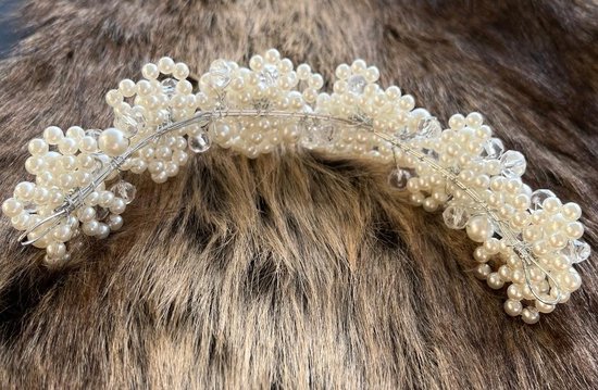 haarband -hoofdband- ivoor zilver haarsieraad-kroon- haaraccessoires met ivoorkleurige parels-handgemaakt-bruidshaar-bruiloft-gala-bruidsmeid-bruidsmeisje -lentefeest-fotoshoot - Merkloos