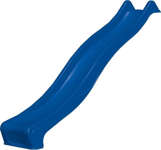 Blauwe kunststof glijbaan van 240 cm lang met golvend oppervlak.