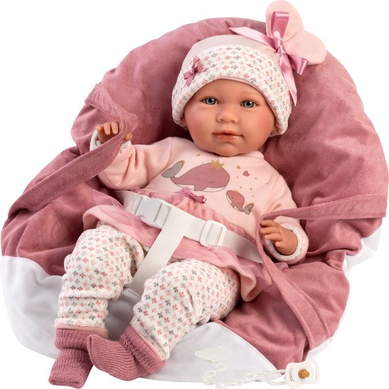 Llorens 1017406 babypop Mimi, met blauwe ogen en zacht lichaam, babypop incl. beertje oufit, fopspeen, fopspeenketting en knuffelkussen, 42 cm