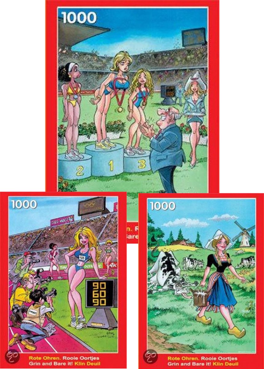 3x Puzzels "Rooie Oortjes", 3x 1.000 stukjes, Gemolken, Medaille en Ideale maten.
